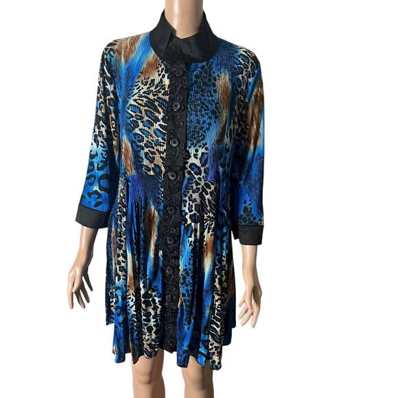 Pretty Angel Dress Women’s M Blue Brown Animal Print Button Front 3/4 Sleeve - Picture 1 of 9